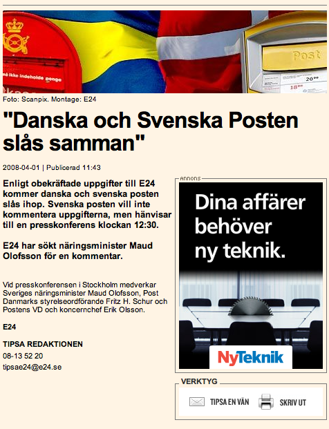 Danska posten + Svenska posten = sant
